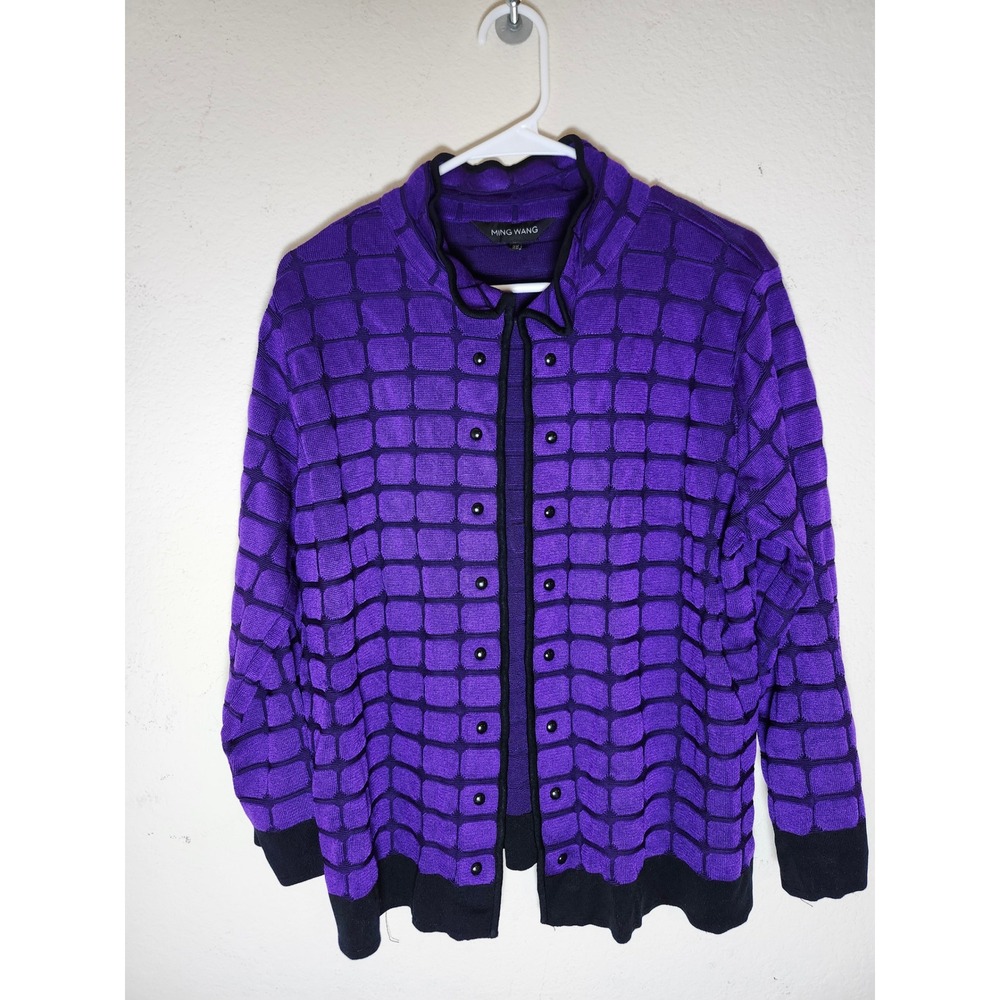 Ming Wang Knit Jacket Women 2X Purple Black Grid Button Front Mock Neck